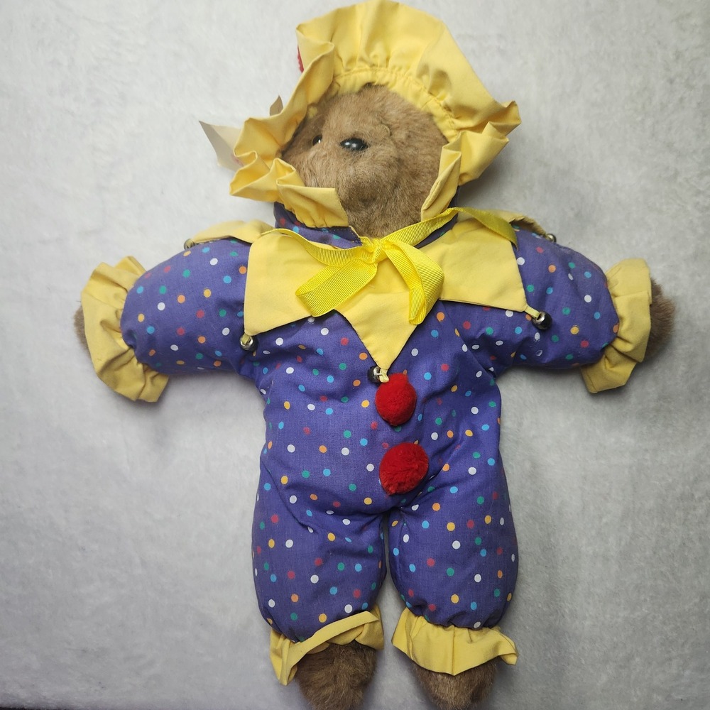 Vintage 1985 Clown Heartline Zachary Teddy Bear Purple Polka Dot Plush 80s Toy
